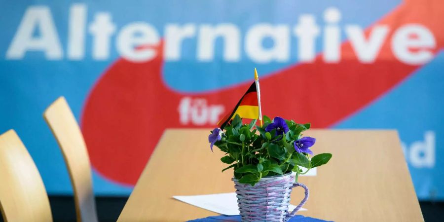 Ein Blumentopf mit einer Deutschlandfahne steht in der Kulturhalle beim Landesparteitag der saarländischen AfD auf einem Tisch.