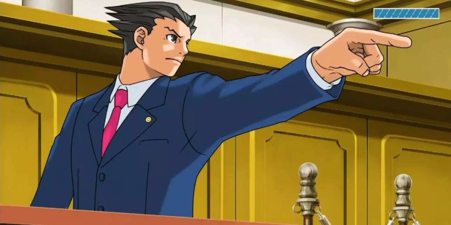 Phoenix Wright ist in seiner bekannten Einspruchspose in einem Gerichtssaal.