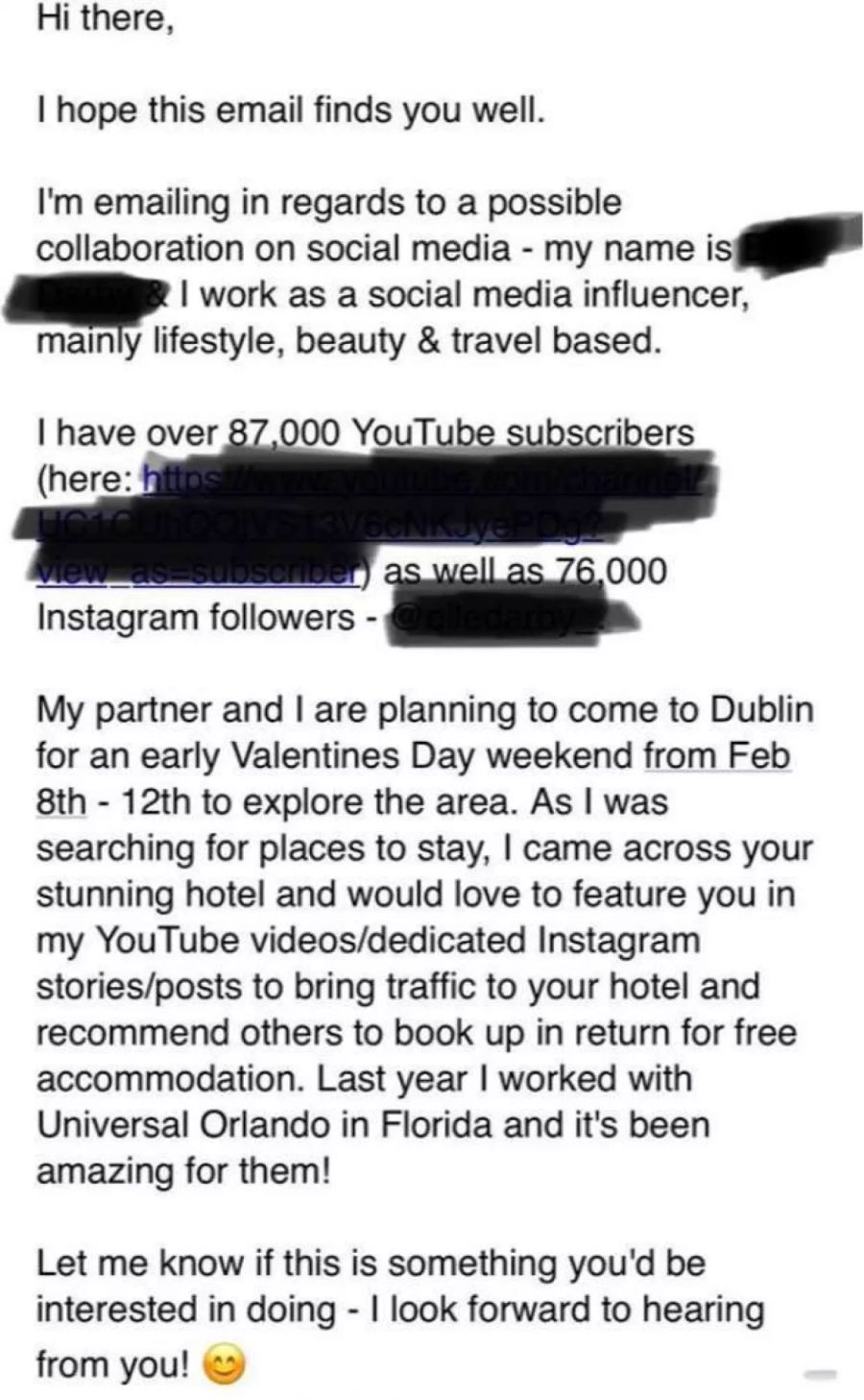 Auf Facebook veröffentlichte der Hotelbesitzer Paul Stenson einen Screentshot von Darbys E-Mail.