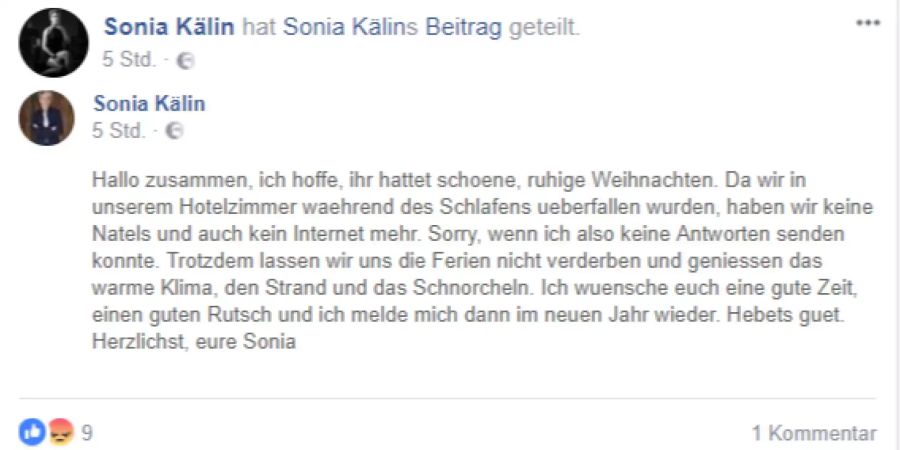 Auf Facebook schreibt Schwingerkönigin Sonia Kälin, dass sie in den Ferien ausgeraubt wurde.