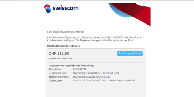 Betrüger verschicken gefälschte Swisscom-Rechnungen. Diese sind optisch kaum vom Original zu unterschieden. Betrüger verschicken gefälschte Swisscom-Rechnungen. Diese sind optisch kaum vom Original zu unterschieden.
