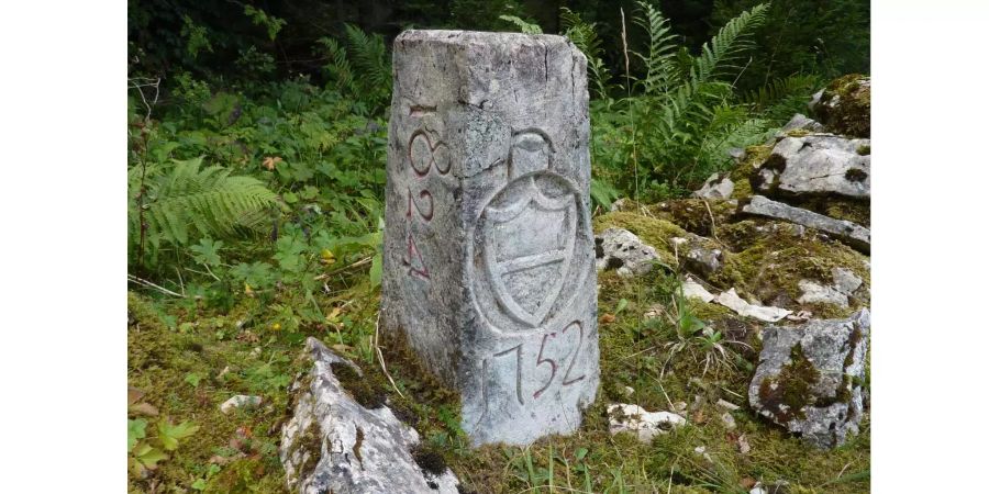 Häufig haben historische Grenzsteine eine Jahreszahl, Wappen und eine Nummerierung, wie dieser Stein bei Baulmes (VD) an der Grenze zu Frankreich.