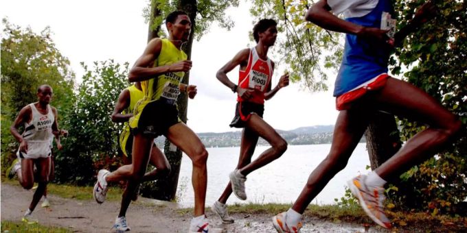 Läufer während eines Halbmarathons in der Schweiz. Läufer während eines Halbmarathons in der Schweiz.