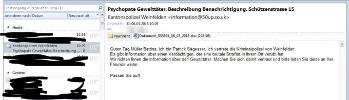 Solche Mails stammen nicht von der Kantonspolizei Thurgau, Kapo TG Solche Mails stammen nicht von der Kantonspolizei Thurgau, Kapo TG