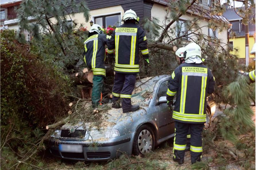 Die Feuerwehr von Crottendorf im Bundesland Sachsen zersägt einen Baum, der auf ein Auto gestürzt ist.