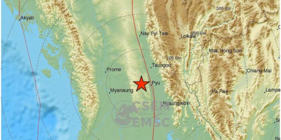 Das Epizentrum lag  westlich der Ortschaft Pyu.