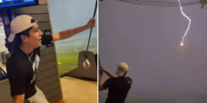 Tomas Gomez feuert den Golfball mit 140 Kilometer pro Stunde in den Regen, ehe dieser von einem Blitz getroffen wird. golfball blitz