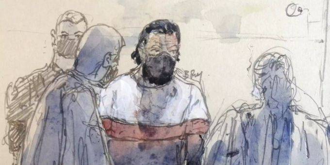Eine Gerichtszeichnung des Hauptangeklagten Salah Abdeslam. paris