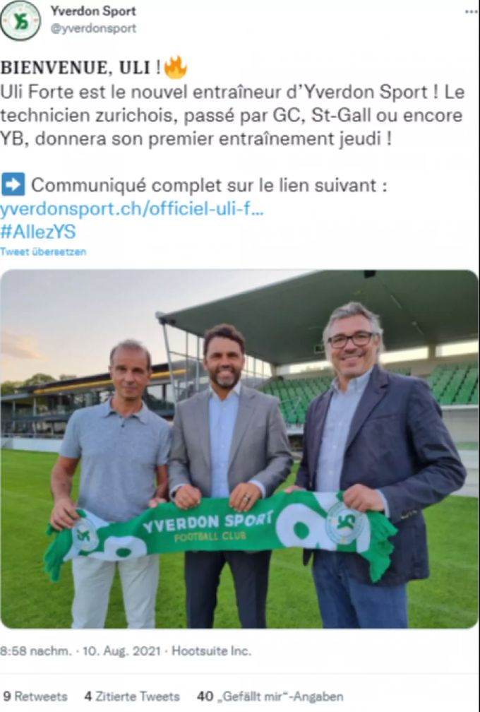 Yverdon-Sport gibt am 10. August bekannt, dass Uli Forte neuer Cheftrainer wird. Uli Forte