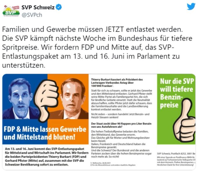 Auf Twitter greift die SVP die Parteipräsidenten von FDP und Mitte frontal an, hofft aber gleichzeitig auf deren Unterstützung für SVP-Vorstösse. SVP Benzinpreis FDP MItte