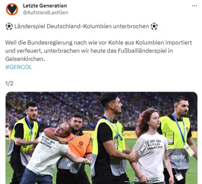 Die Gruppe Letzte Generation äussert sich zum Protest während dem Länderspiel Deutschland gegen Kolumbien. Letzte Generation