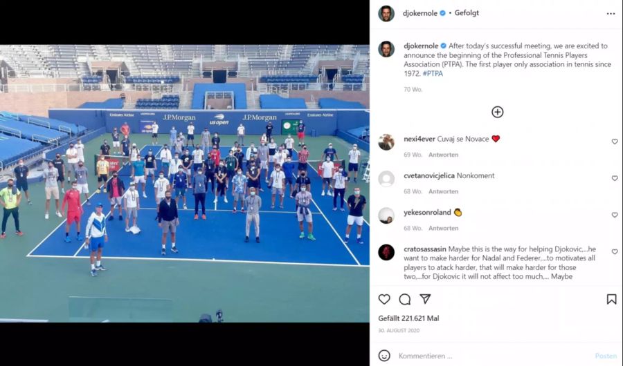 Novak Djokovic gibt im August 2020 die Gründung der Spielervereinigung PTPA bekannt.