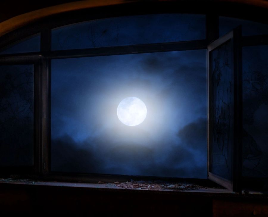 Fenster Vollmond Nacht Holz