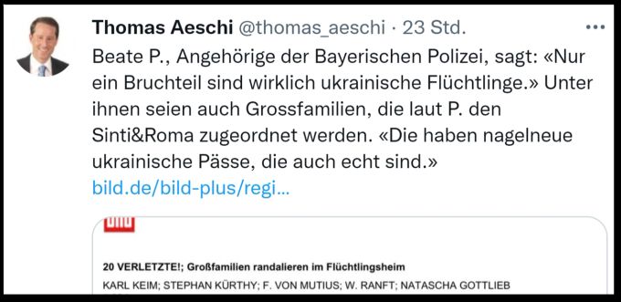SVP-Fraktionspräsident Thomas Aeschi zitiert kommentarlos aus einem Artikel der deutschen Bild-Zeitung, die wiederum eine anonyme bayrische Polizistin zitiert. Thomas Aeschi Sinti Roma