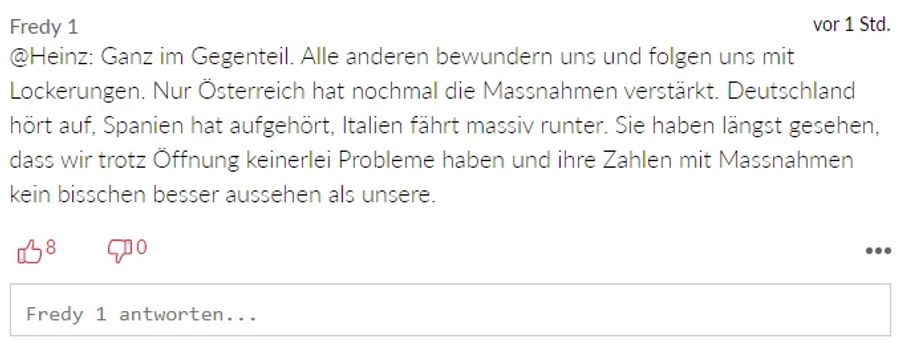 «Fredy 1» denkt, dass wir wegen unseren Lockerungen im Ausland bewundert werden.