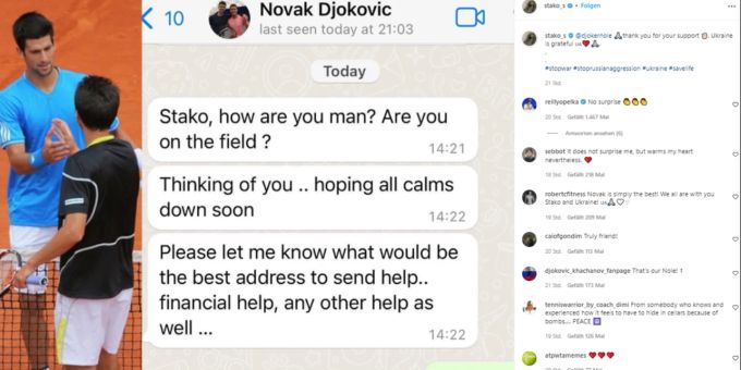 Sergej Stachowski teilt einen Screenshot einer Konversation mit Novak Djokovic auf Instagram. Djokovic