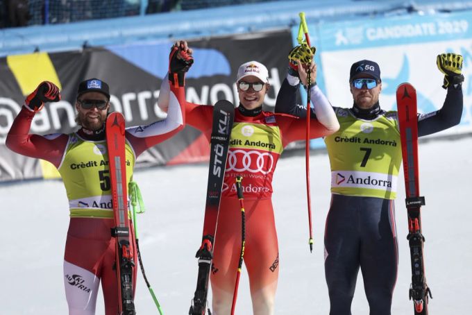 Werden wieder um Weltcup-Siege kämpfen: Marco Schwarz, Marco Odermatt und Aleksander Aamodt Kilde (v.l.). Marco Odermatt