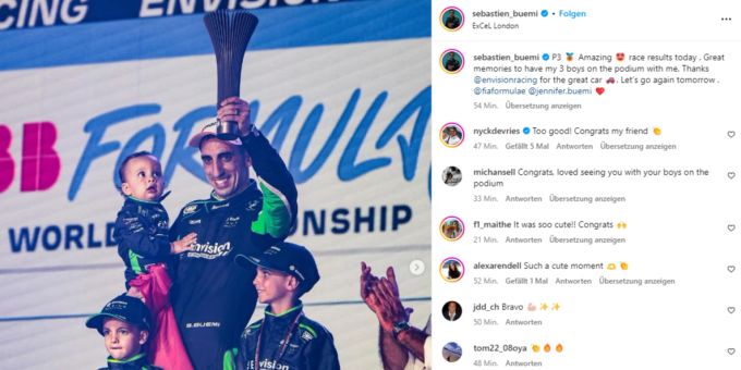 Sébastien Buemi jubelt über seinen Podestplatz in der Formel E. Formel E