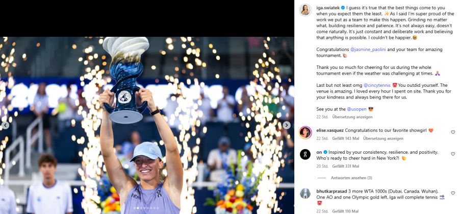 Nur sechs Stunden vor ihrem Post aus New York postete Swiatek noch ihren Titel in Cincinnati.