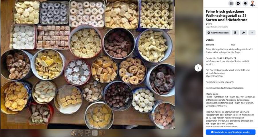 Eine Frau verkauft 21 Sorten Weihnachtsguetzli auf Facebook.