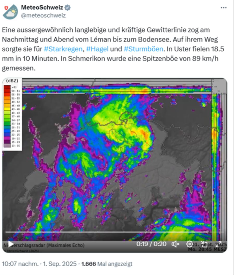 Meteo Schweiz spricht von einer «aussergewöhnlich langlebigen und kräftigen Gewitterlinie».