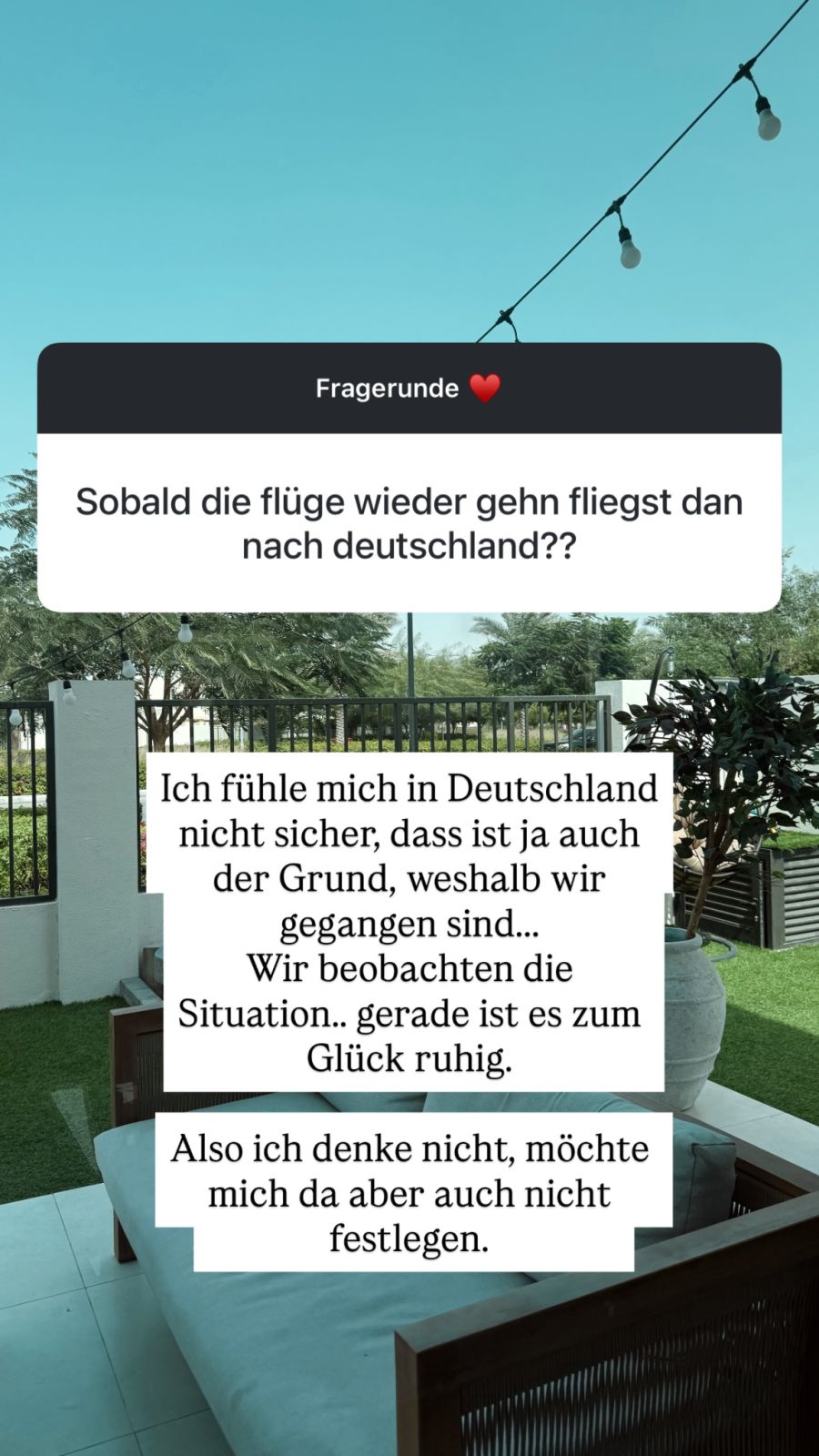 Sie will auch in Dubai bleiben, da sie sich in Deutschland nicht sicher fühlt.