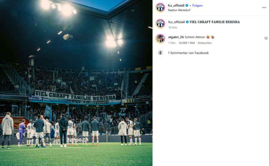 Die Fans des FC Zürich wünschen der ganzen Familie Berisha mittels Banner viel Kraft.