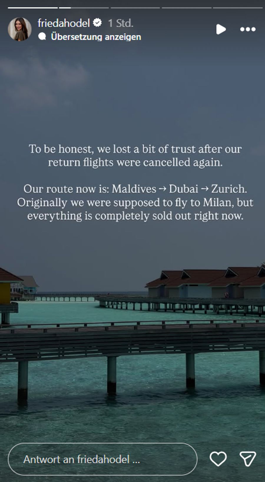 Frieda Hodel gibt ihren Followern auf Instagram ein Update. Ihre Flugroute hat sich geändert und führt neu über Dubai.