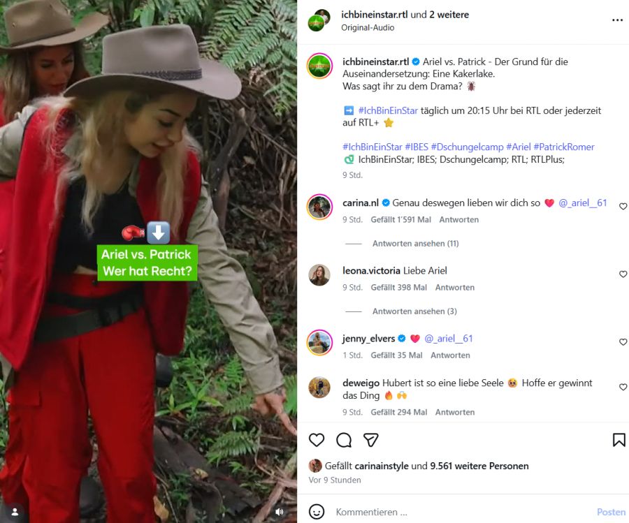 Ariel weist Bauer Patrick in der ersten Folge vom diesjährigen Dschungelcamp auf eine Kakerlake direkt vor seien Füssen hin.