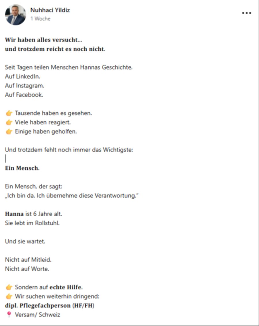 So sucht eine Spitex nach Pflegefachpersonen für ein krankes Kind.