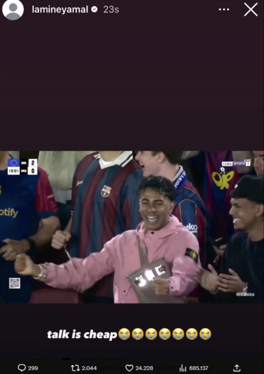 Lamine Yamal postete dieses Bild nach dem Sieg gegen Real Madrid. Fans vermuten als Antwort auf Bellinghams Post.