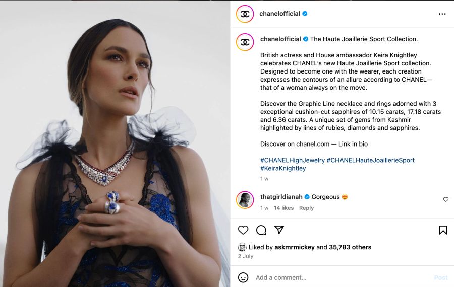 Keira Knightley Instagram, Chanel Schmuck.