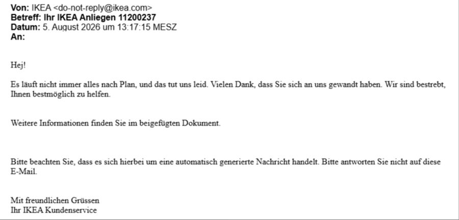 Diese Nachricht erhielt Daniela am 5. August 2016 um 13.17 Uhr von Ikea.
