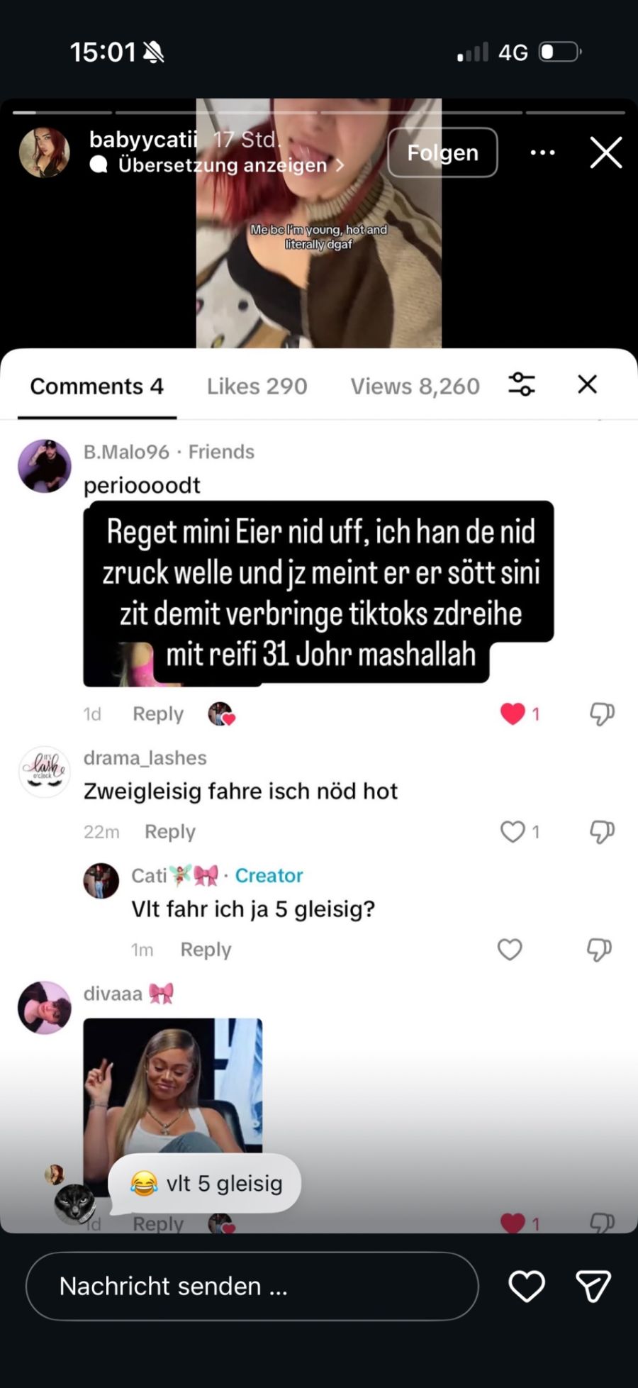 In den Kommentaren reagiert Cati spitz auf die Fremdgeh-Vorwürfe.