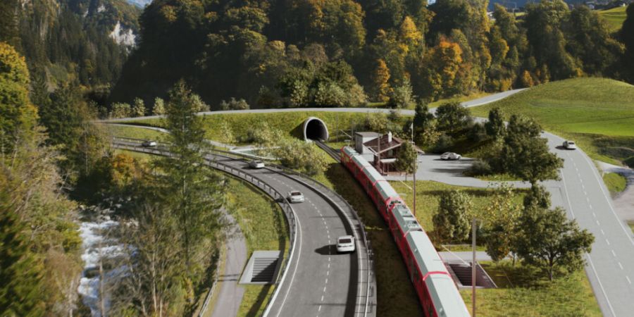Nach dem Umbau fährt die Rhätische Bahn beim heutigen Bahnhof Fideris in einen neu erstellten 1377 Meter langen Tunnel. (Visualisierung)