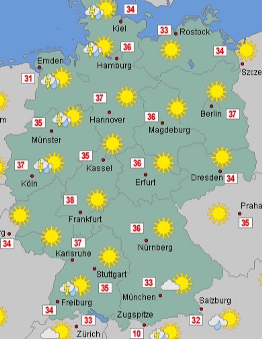 Auch in Deutschland wird es am Mittwoch sehr heiss. In Frankfurt zum Beispiel 38 Grad.