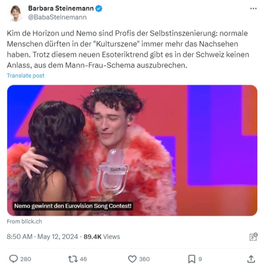 Für die Zürcher SVP-Nationalrätin Barbara Steinemann sei der Sieg Nemos Ausdruck eines «neuen Esoteriktrends» in der Schweiz und dem Rest der Welt.