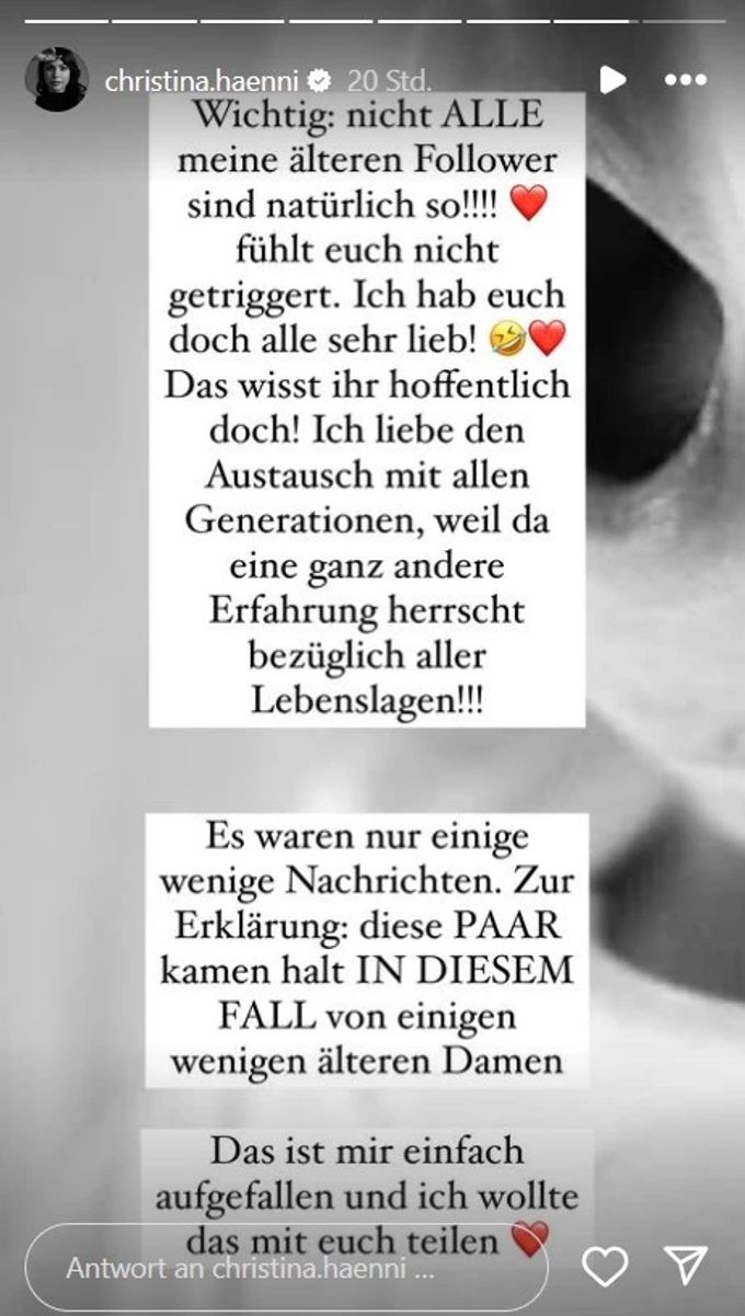 Christina Hänni will nicht, dass sich alle ihre Follower angesprochen fühlen. christina hänni