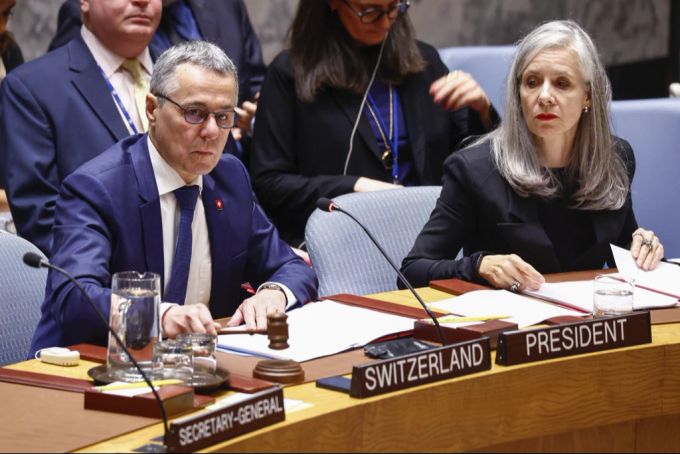 Aussenminister Ignazio Cassis eröffnet die Sitzung des Uno-Sicherheitsrats zur Situation im Nahen Osten, am 29. Oktober 2024 im Uno-Hauptquartier in New York. Ignazio Cassis Sicherheitsrat Gaza