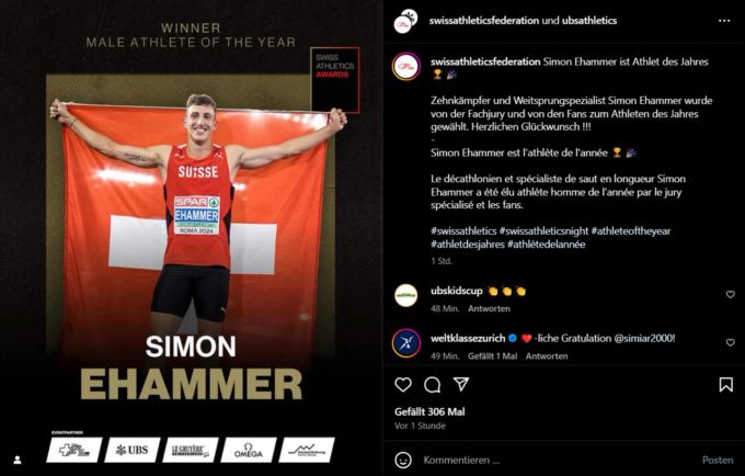 Für Simon Ehammer ist es die zweite Ehrung als Schweizer Leichtathlet des Jahres. Simon Ehammer