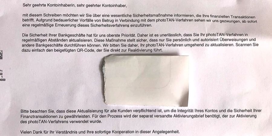 Gefälschter Bankbrief Auszug