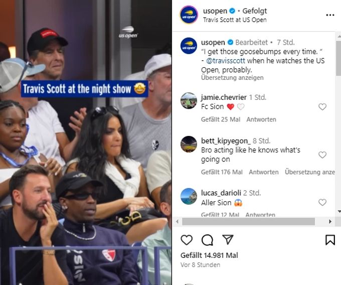 Travis Scott erscheint im Pulli des FC Sion an den US Open. US Open FC Sion