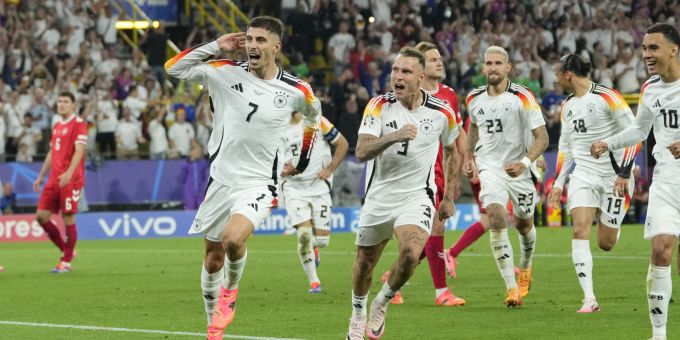 Kai Havertz feiert das Tor zum 1:0 für Deutschland gegen Dänemark an der EM 2024. EM 2024 Deutschland Dänemark