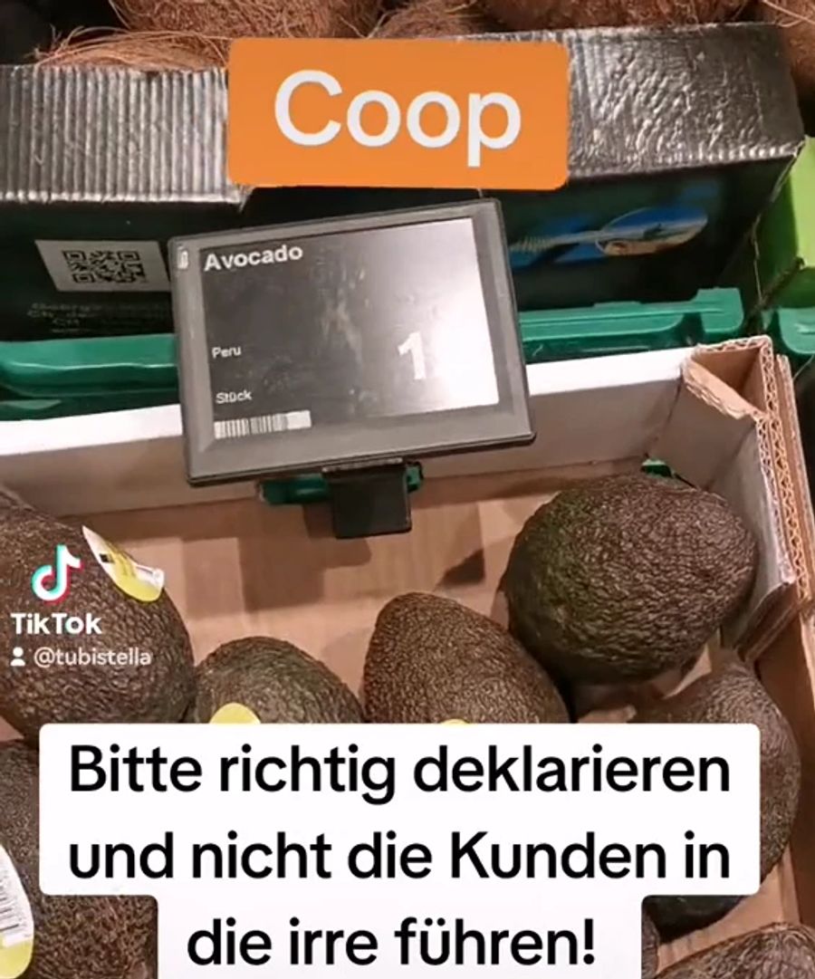 Eine Tiktokerin kritisiert Coop, weil der Detailhändler Avocados falsch deklariert hat.