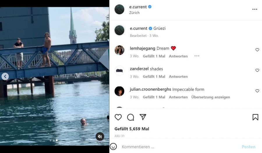 Elias Becker kühlt sich mit einem Sprung in die Limmat ab.