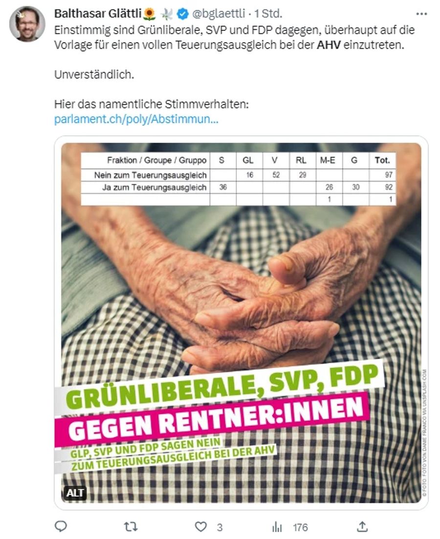 Auch der Grüne-Präsident Balthasar Glättli kann den Entscheid bezüglich der AHV nicht nachvollziehen.