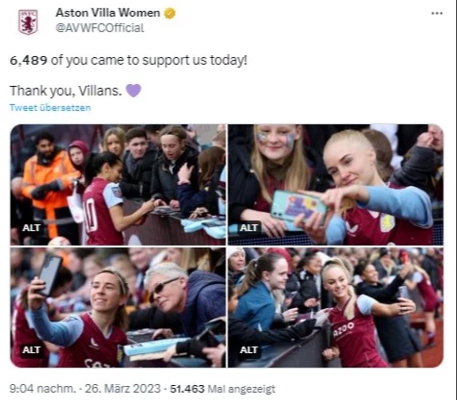 Aston Villa bedankt sich auf Twitter bei über 6000 Fans.