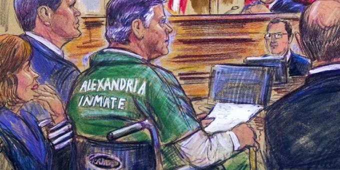 Die Gerichtszeichnung stellt Paul Manafort während der Verkündung seines Urteils vor dem Bundesgericht dar, das von Richter T.S. Ellis III (hinten) gesprochen wird. Foto: Dana Verkouteren/AP Die Gerichtszeichnung stellt Paul Manafort während der Verkündung seines Urteils vor dem Bundesgericht dar, das von Richter T.S. Ellis III (hinten) gesprochen wird. Foto: Dana Verkouteren/AP