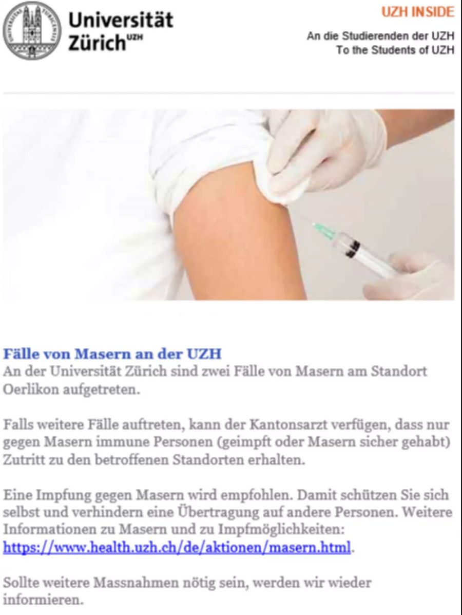 Mail Masern Uni ZH