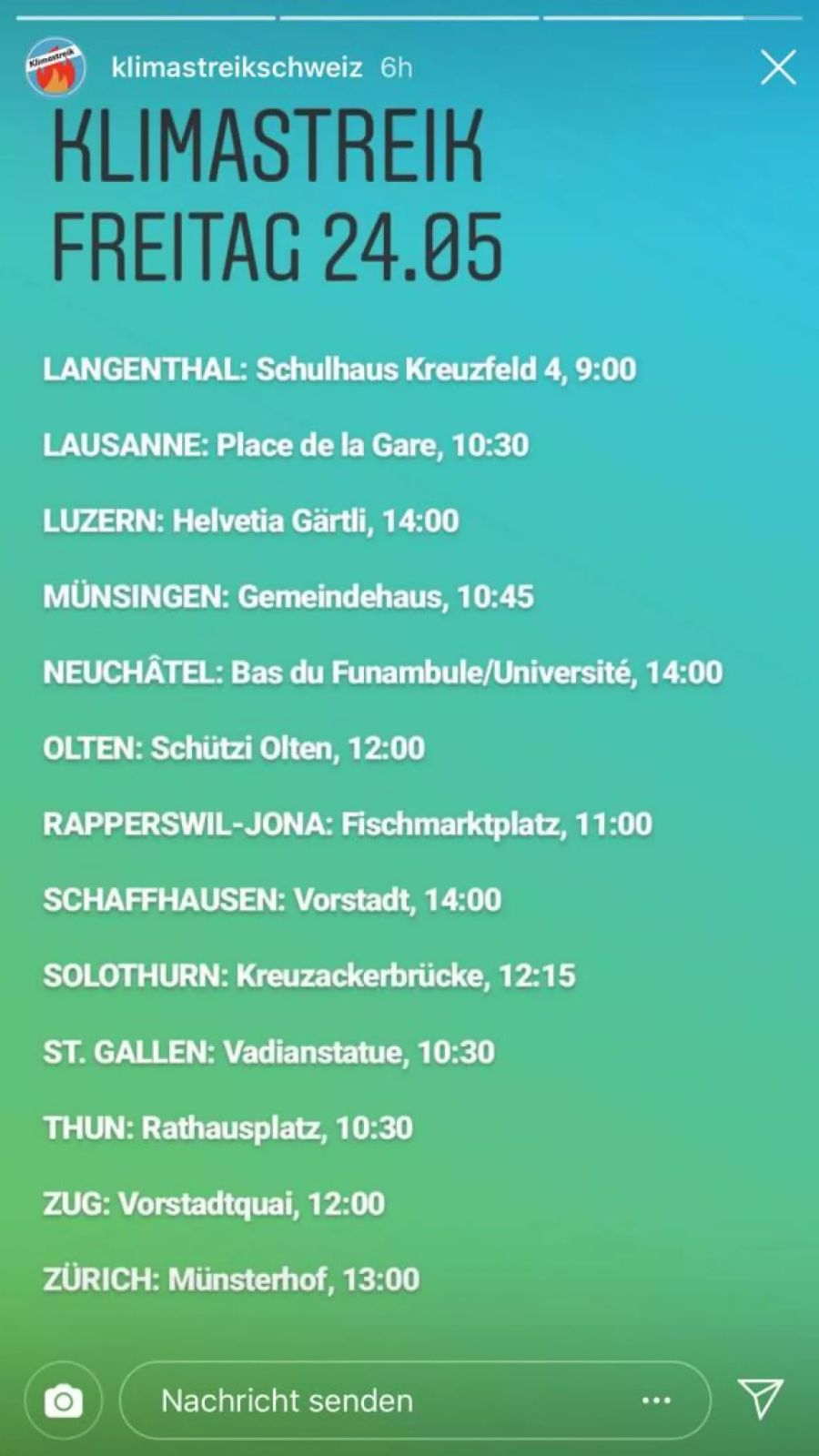 Die genauen Angaben der einzelnen Ortschaften zum schweizweiten Klimastreik am Freitag.